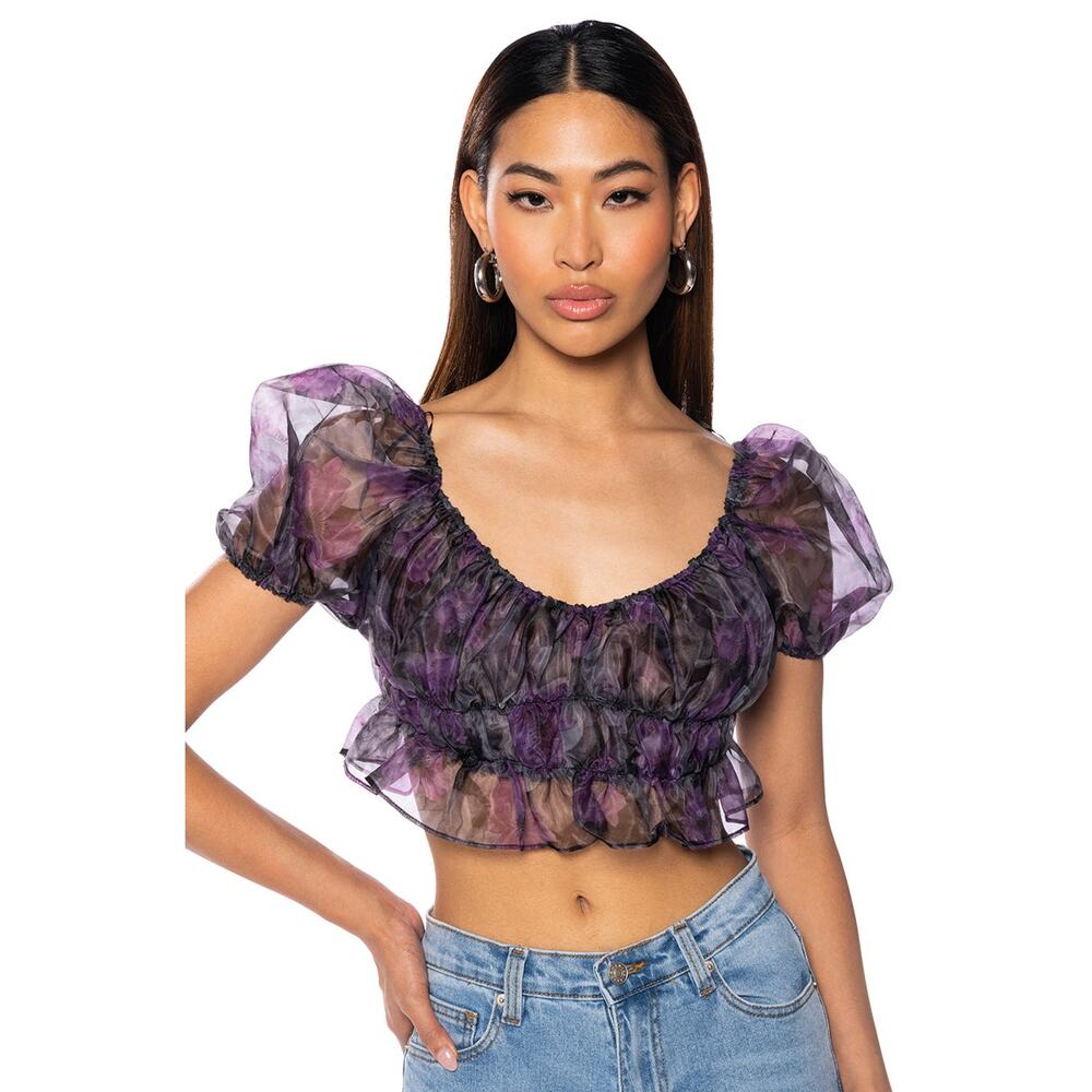 Akira Purple Black Floral Print Sheer Organza Puff Sleeve Ruched Crop Top